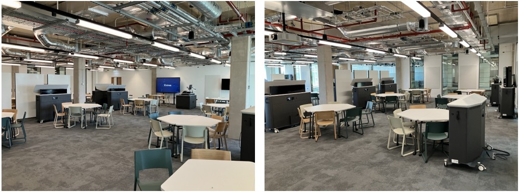 Classroom with table and chairs set up for active learning.